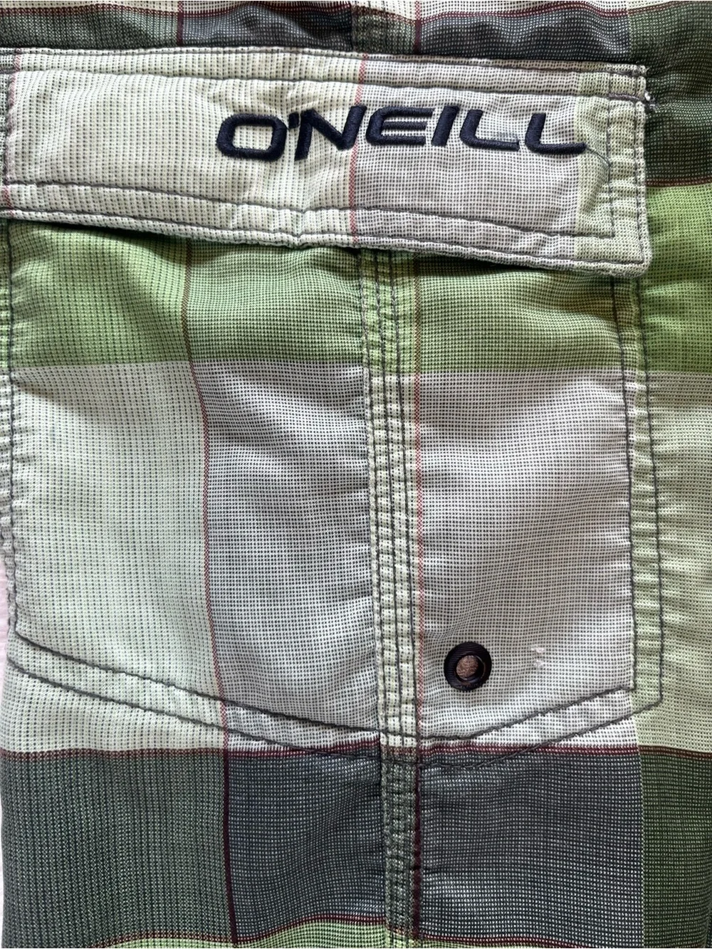 O'Neill Green Plaid Board Shorts with Cargo Pocket